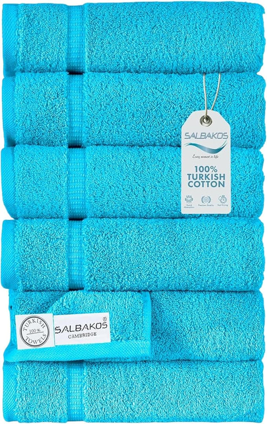 SALBAKOS 100% Turkish Cotton Hand Towel Set of 6 16x30 inch | Heirloom Quality | Hotel & Spa Collection | Ultra Soft, Super Absorbent, Long Lasting Hand Towels | Made in Turkey (Aqua, 6 Hand Towels)