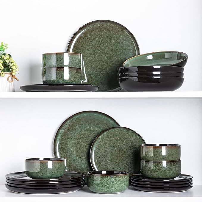 LERATIO Ceramic Dinnerware Sets for 8,Stoneware Plates and Bowls Sets,Reactive Glaze Dishes Set,Highly Chip and Crack Resistant | Dishwasher,Microwave & Oven Safe Dishes set,Service for 8-Green(24pcs)