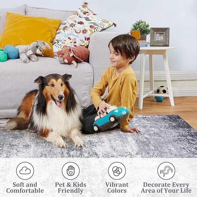 Modern Abstract Rug 3x5 Washable Rug Non Slip Stain Resistant Rug for Bedroom Living Room Non Shedding Low Pile Indoor Floor Cover, Light Grey