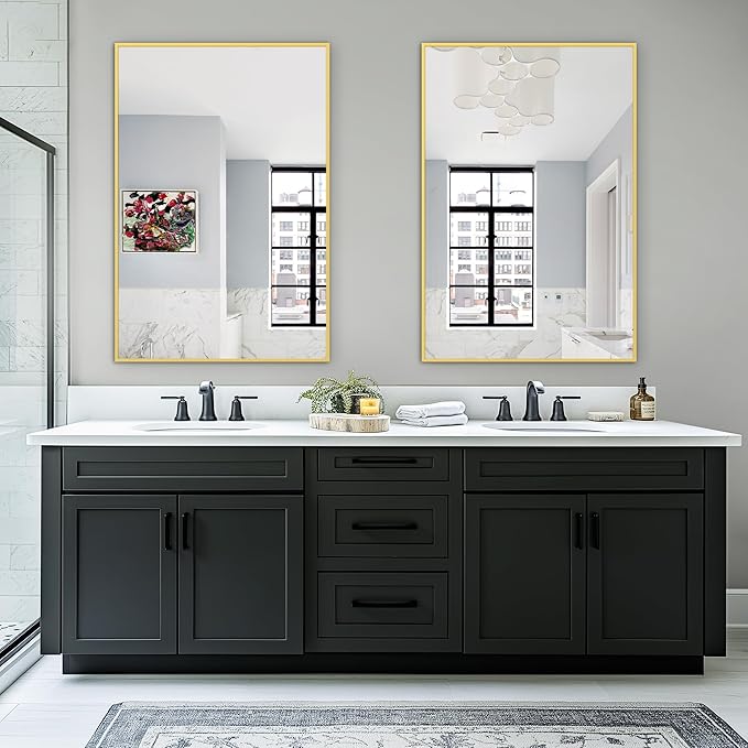 Bathroom Vanity Mirror for Wall, 2 Pack 36" x 24" Metal Framed Rectangular Bathroom Wall Mirror for Over Sink, HD Shatterproof Glass, Hangs Horizontally or Vertically(Gold)