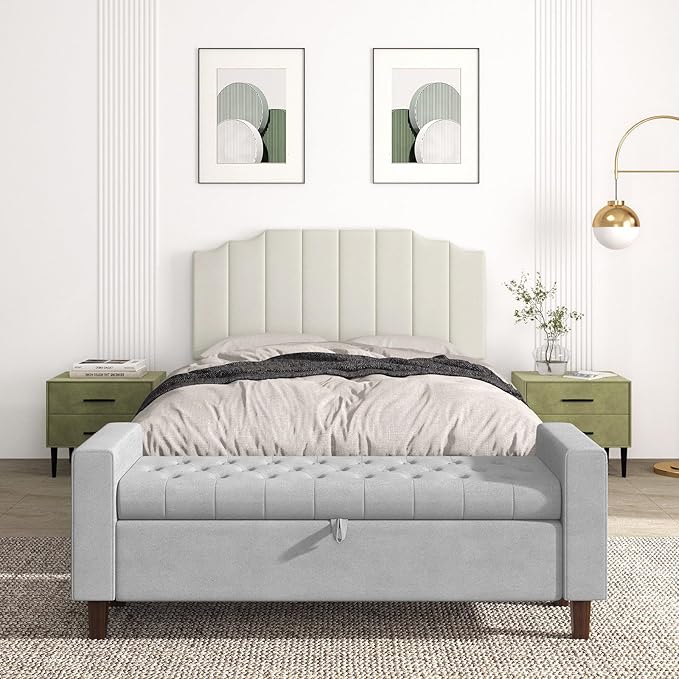 Queen Size Headboard Only, Velvet Wall Mounted Headboard Queen/Full Size for Adjustable Bed, Modern Vertical Channel Design with Curved Tufted Upholstered Head Board, Cream