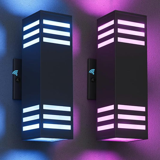RGB Smart Wall Lights, 2 Pack Front Porch Light Fixtures, Square Color-Changing Outdoor Sconce With E26 Base, IP65 Waterproof Up and Down Lights With Sensor