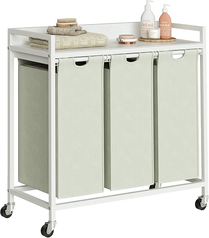 Laundry Hamper with Shelf, Laundry Basket 3 Section, Laundry Sorter with Pull-Out Removable Large Bags and Movable Wheels, Metal Frame, 3 x 15.87 Gallons (60L), White PF04XLW