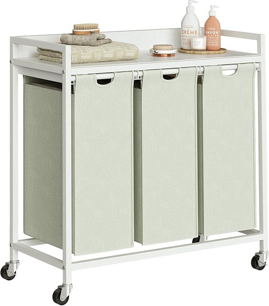 Laundry Hamper with Shelf, Laundry Basket 3 Section, Laundry Sorter with Pull-Out Removable Large Bags and Movable Wheels, Metal Frame, 3 x 15.87 Gallons (60L), White PF04XLW