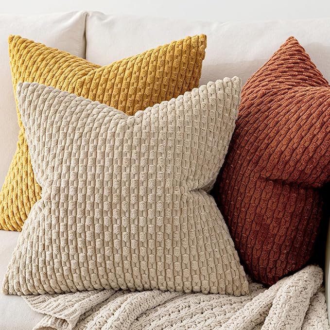 MIULEE Fall Rust Throw Pillow Covers Soft Corduroy Decorative Eruo Sham Set of 2 Boho Striped Pillow Covers Pillowcases Farmhouse Home Decor for Couch Bed Sofa Living Room 24x24 Inch