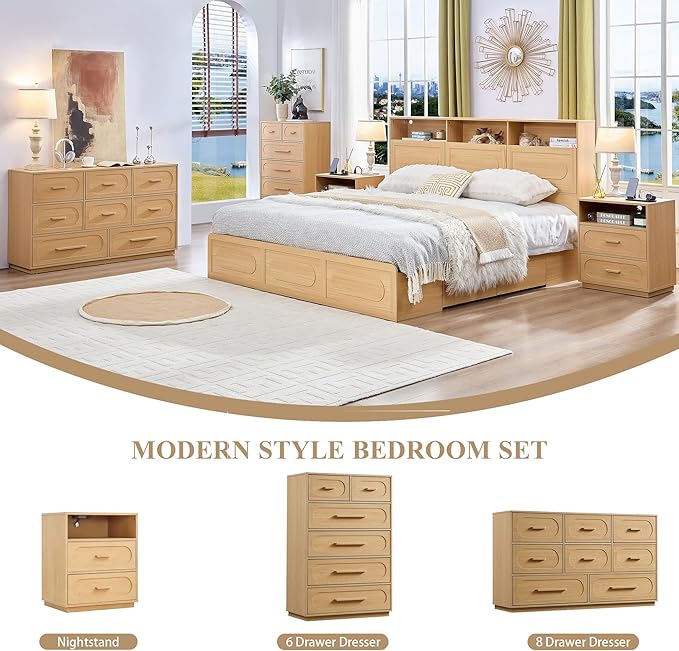 8 Drawers Dresser for Bedroom, 54" Wide Dressers & Chests of Drawers w/Solid Wood Handle, Mid Century Dresser TV Stand w/Natural Texture for Bedroom, Living Room, Natural Oak