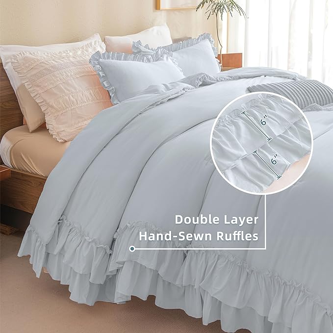 Queen's House Light Blue Farmhouse Ruffled King Size Comforter Set,Lightweight Microfiber Inner Fill Fluffy Boho Chic Bedding Comforter,Ultra Soft Microfiber Inner Fill Bedding