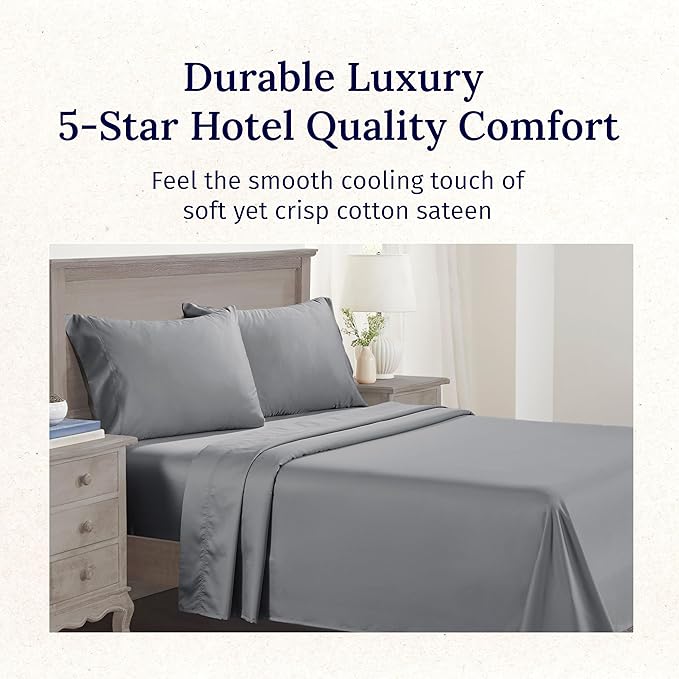 California Design Den Split King Sheet Set - 100% Cotton, 600 Thread Count, Breathable Luxury King Size Sheets for Adjustable Bed, Luxury Hotel-Quality Sheets with Soft Sateen Weave - Mist Grey