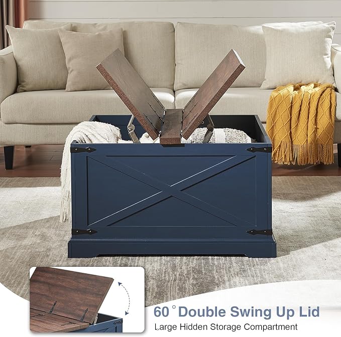 Farmhouse Square Coffee Table with Storage, Wood Center Table with Hinged Lift Top, Rustic Cocktail Table with Large Hidden Storage Compartment for Living Room, Bedroom,Blue