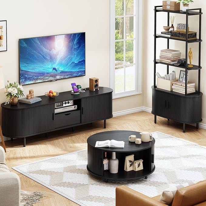 69" TV Stand with Power Outlet for TVs up to 80", Entertainment Center with Storage and Drawer, TV Console with Adjustable Shelves and Sliding Door, TV Stand for Living Room, Bedroom, Black