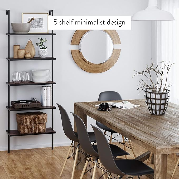 Nathan James Theo 5-Shelf Wood Modern Bookcase, Open Wall Mount Ladder Bookshelf with Industrial Metal Frame, Brown Walnut/Black
