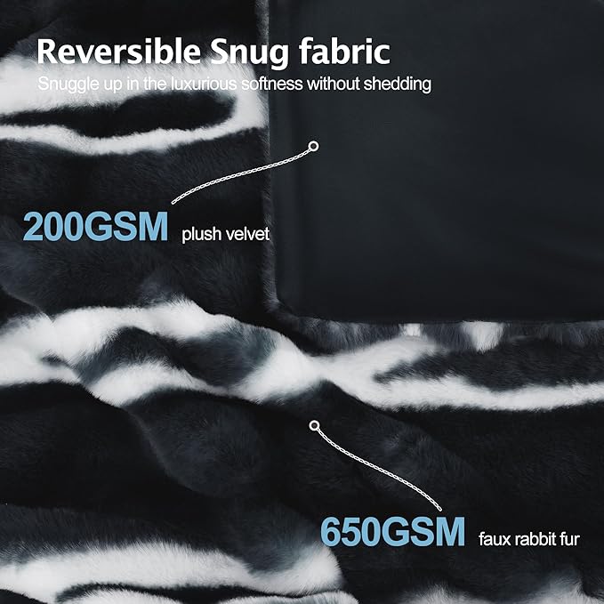 Faux Rabbit Fur Throw Blanket – 850GSM Thick & Warm, Ultra Soft Plush Blanket for Couch, Bed, Sofa, Ideal Gift for Women, 60" × 80", Black