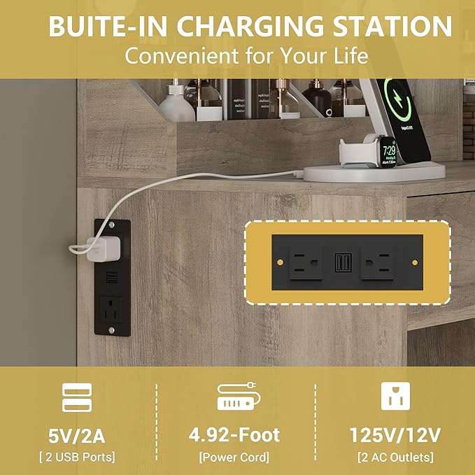 Vanity Desk with Mirror and Lights, Small Makeup Vanity Table with RGB Storage Cabinet & Power Strips & Shelves, 3 Lighting Modes & Adjustable Brightness, Dressing Table for Women Girls Bedroom, Grey