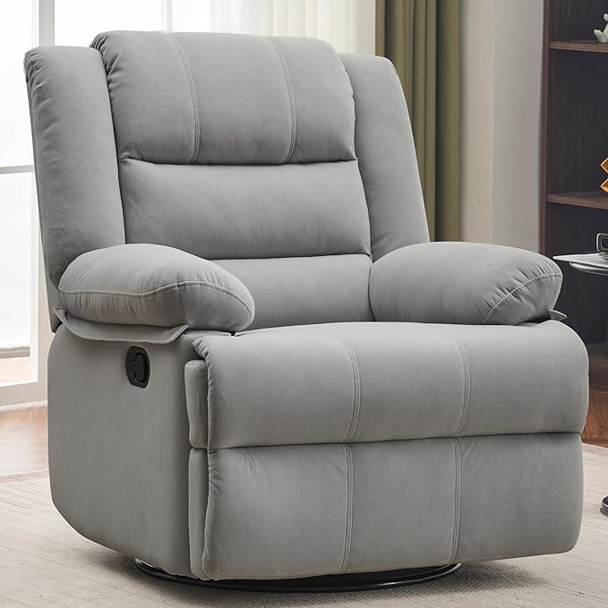 Swivel Rocking Recliner Chair for Adults, Overstuffed Manual Rocker Nursery Recliner Glider, Upholstered Fabric Reclining Single Sofa Chair for Living Room (Light Grey)