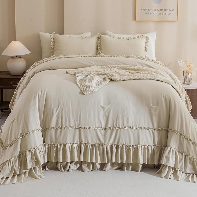 QSH Wheat Oversized King Comforter Set 120x120, Farmhouse Ruffled Bedding Comforter French Country Shabby Vintage Bed Comforter Microfiber Soft Lightweight Fluffy Bedding 3 PCs
