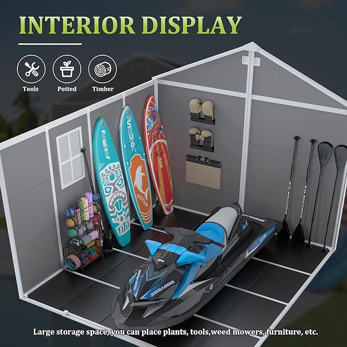 8' x 8' Resin Storage Shed Outdoor, PP Material & Strong Structure for All Weather, Plastic Garden Shed w/Window for Garden, Backyard, Poolside and Lawn, 12mm Thick PP Board - Grey