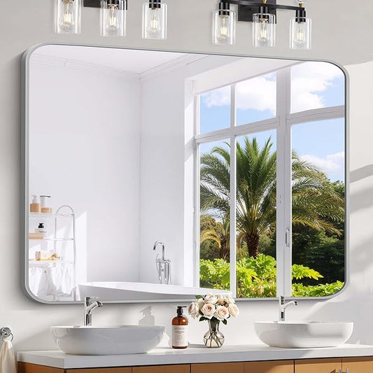 48x40 Inch Silver Bathroom Mirror, Large Rectangle Mirror, Metal Framed Rectangular Vanity Mirror, Rounded Corner Wall Mounted Mirror for Living Room Bedroom Entryway Horizontal or Vertical