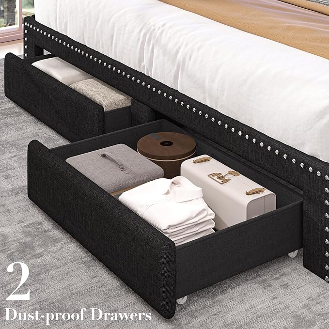 Queen Size Bed Frame, Linen Storage Headboard with LED Light & Charging Station, Upholstered Platform Bed with 2 Storage Drawers, Steel Slats Support, No Box Spring Needed, Black