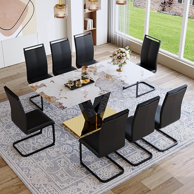 71'' Dining Table Set for 8,Rectangular Dining Room Table Set for 8,Marble Dining Table with 8 PU Leather Dining Chairs,Gold Dining Room Table with Glossy V-Shaped Base Ideal for Kitchen