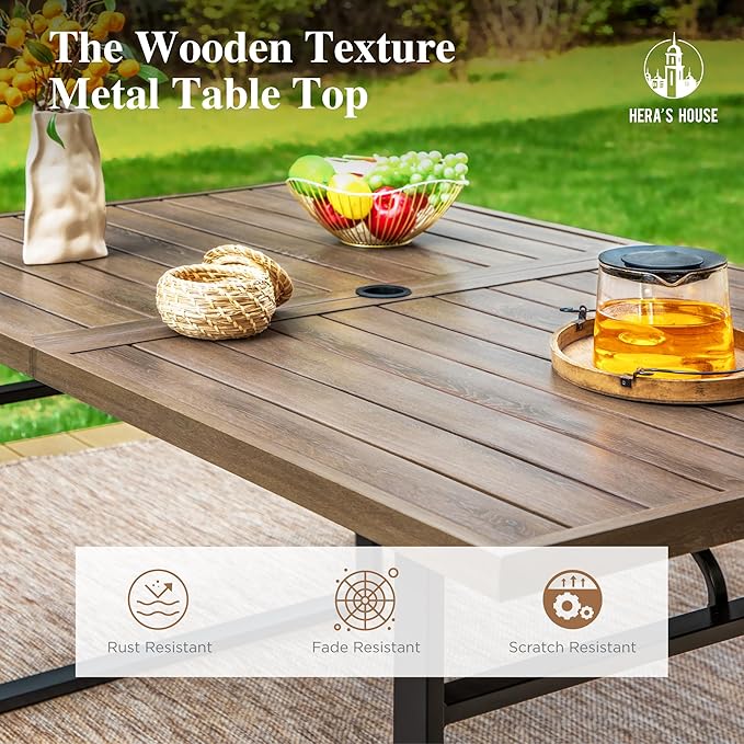 HERA'S HOUSE 7-Piece Outdoor Dining Set for 6, 64" Weather-Resistant Metal Patio Table with 6 Foldable Black Chairs, Perfect for Garden, Backyard, Porch & Lawn (Space-Saving Design)