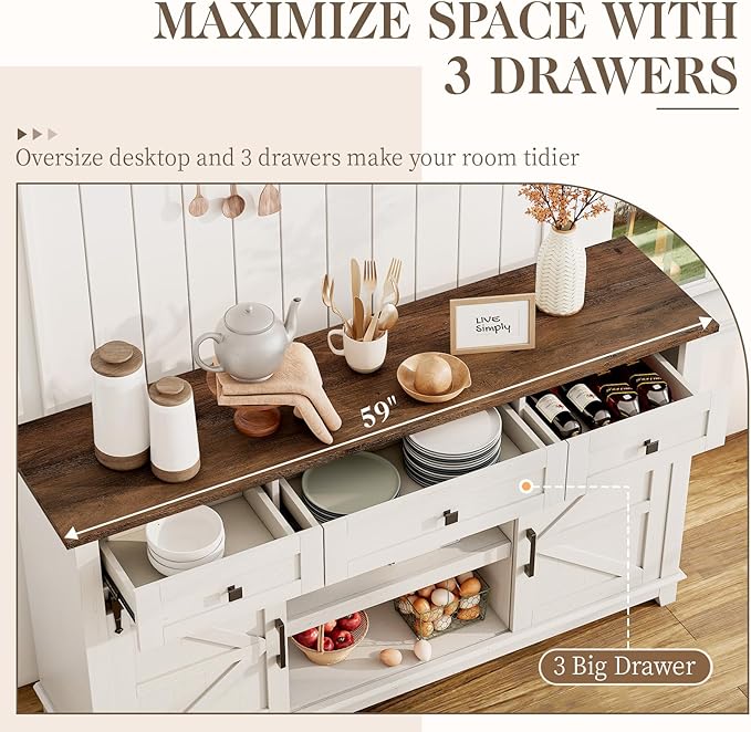 Farmhouse TV Stand with Sliding Barn Door & Drawer, 59" Rustic Entertainment Center for TVs up to 65", Buffet Storage Cabinet for Living Room, Dinning Room, White+Barnwood