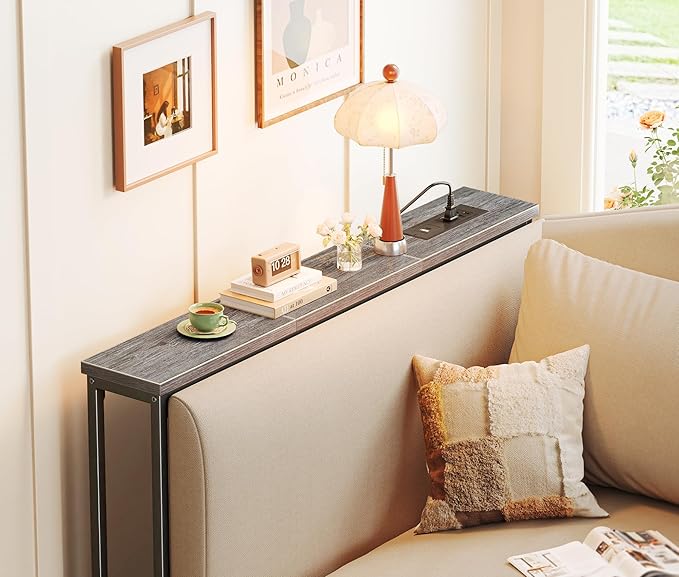 SUPERJARE 5.9 Inch Console Table with Outlet, Sofa Table, Behind Couch Table, 5.9 x 39.4 x 29.1 Inches, Metal Frame, Charging Station, Charcoal Grey
