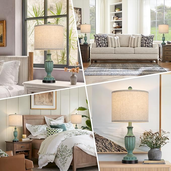 TOBUSA Farmhouse Living Room Table Lamps Set of 2, Green Rustic Vintage Table Lamps for Bedroom Nightstand, Antique Bedside Desk Lamps with Linen Shade, 22’’ Traditional Resin Lamp Sets for End Table