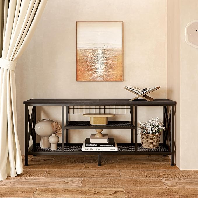 Gizoon TV Stand for 65 Inches TV, 59.8'' Entertainment Center with Metal Frame, TV Media Console Table with Open Storage Shelves, for Living Room, Bedroom, Black