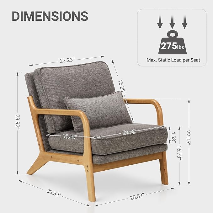 COLAMY Mid Century Modern Accent Chair Set of 2 with Lumbar Pillow, Relaxing Armchair with Solid Wood Frame & Soft Cushion, Reading Leisure Chair for Living Room,（Grey）