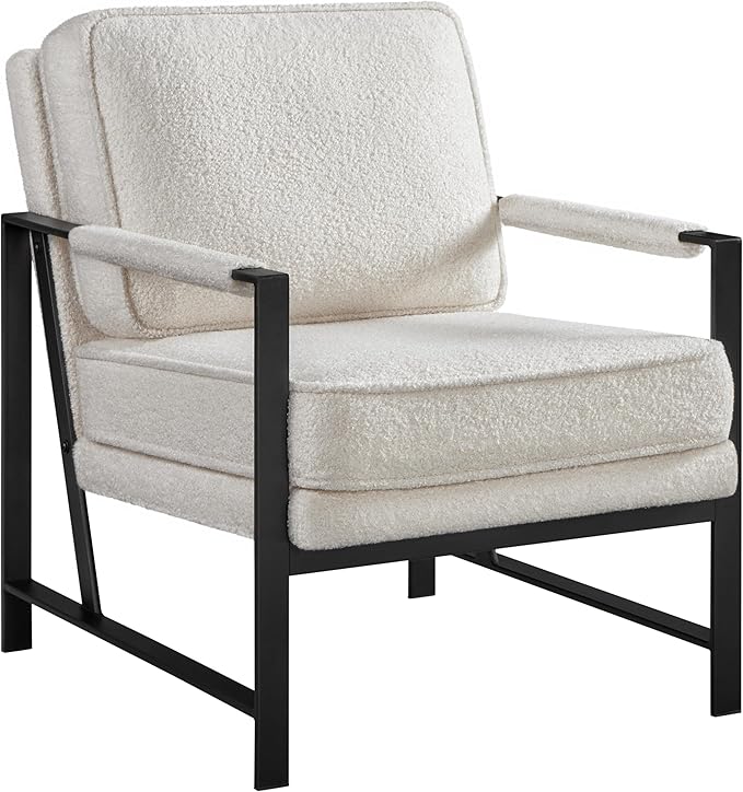 Yaheetech Teddy Boucle Fabric Armchair, Retro Leisure Accent Chair with Extra Soft Padded and Cushion, Modern Reading Arm Chair with Black Metal Frame for Living Room/Office/Bedroom/Study, Ivory