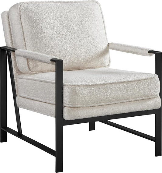 Yaheetech Teddy Boucle Fabric Armchair, Retro Leisure Accent Chair with Extra Soft Padded and Cushion, Modern Reading Arm Chair with Black Metal Frame for Living Room/Office/Bedroom/Study, Ivory