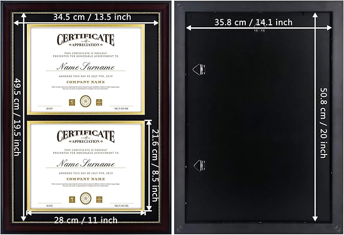 GraduatePro Dual Diploma Frame 14"x20" for Two 8.5"x11" Certificates/Pictures with Double Mat Black Over Gold, UV Protection Acrylic, Professional Mahogany Wooden Finish Gold Beads