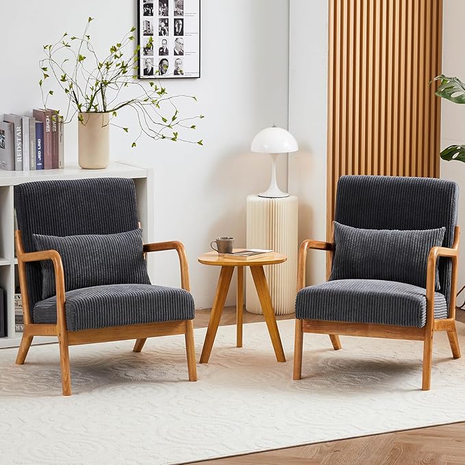 IKIFLY Upholstered Accent Chair Set of 2, Mid Century Modern Living Room Chair with Solid Wood Frame, Reading Arm Chair with Pillow & Lumbar Cushion for Office, Reading Room, Bedroom - Dark Grey