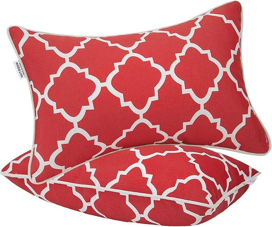 JMGBird 12×20 Inch Outdoor Lumbar Pillows Pack of 2 Waterproof Throw Pillows with Insert Rectangular Decorative Garden Cushion for Home Furniture Patio Coach Sofa (Red)