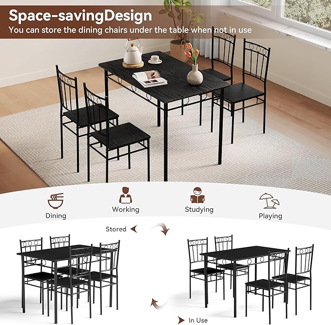 Vipbear 5-Piece Kitchen Table Set,Kitchen Dining Table Set for 4,Dining Room Table Sets,Rectangular Kitchen Table Set with 4 Chairs for Small Space, Dinette,Apartment,Black