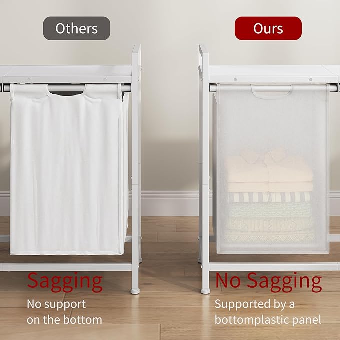 Laundry Hamper with Shelf, Laundry Basket 2 Section, Laundry Sorter with Pull-Out Removable Large 2 Color Bags and Movable, Metal Frame, 2 x 15.87 Gallons (60L), White PF06XLE