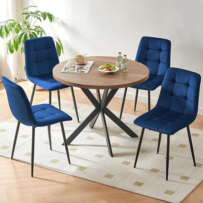 Kitchen Table Set for 4, Modern MDF Round Dining Table Set with 4 Navy Blue Dining Chairs, Upholstered Velvet Home Kitchen Chairs Armless for Space Saving