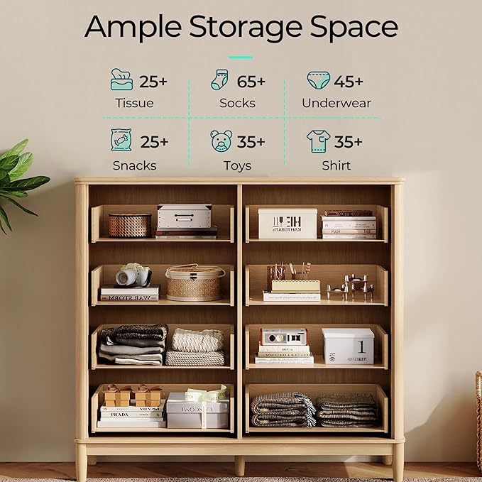 LINSY HOME Rattan Dresser for Bedroom with 8 Drawers, 54" Wide Chest of Drawers, Mid Century Modern Dresser TV Stand with Metal Handle, Wood Closet Storage Cabinet for Living Room, Hallway, Oak