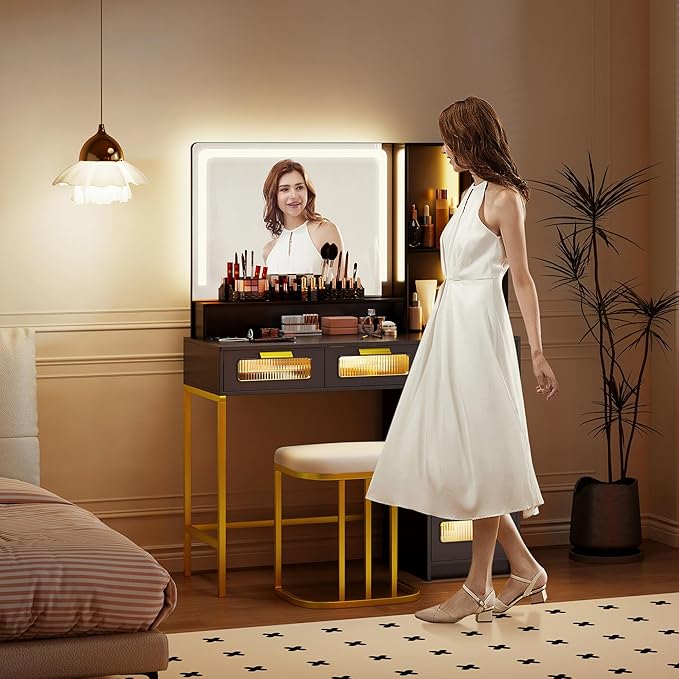 Vanity Desk with Mirror and RGB Lights, Makeup Vanity Desk with Wireless Charging Station,Large Dressing Table Set with Stool,LED Vanity Table with 6 Drawers/Cabinet/Shelves for Bedroom, Black
