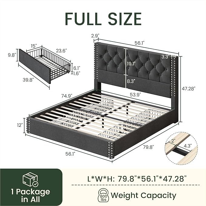 Full Size Bed Frame Upholstered Platform Bed with 4 Storage Drawers and Tufted Headboard Linen Bed Frame with Heavy Duty Wood Slats, No Box Spring Needed, Easy Assembly, Dark Grey