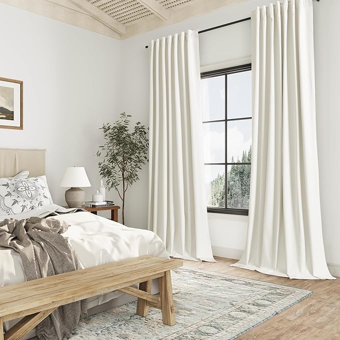 Guken Ivory Linen Blackout Curtains 96 Inch Length 2 Panels Set for Living Room Bedroom Back Tab Thermal Insulated 100% Black Out Linen Drapes Room Darkening Window Curtains 96 Inches Long