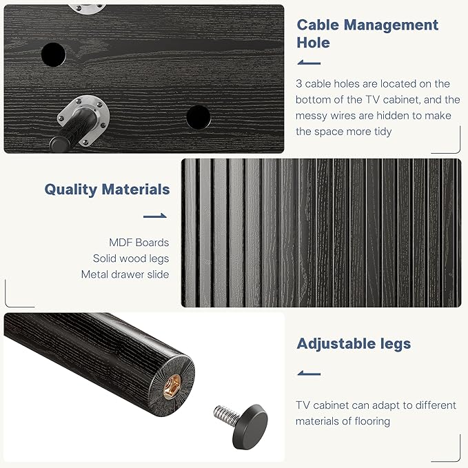 Alohappy 59" Mid Century Modern TV Stand with Charging Station, Curved Edge Fluted TV Console Table with Drawer and Shelf, Farmhouse Media Entertainment Center for Living Room, Bedroom, Black