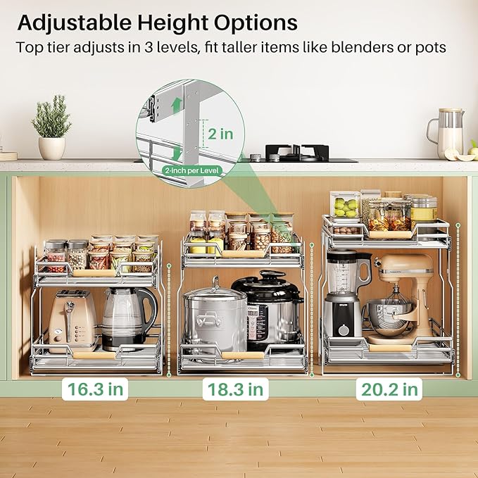 Kitstorack Pull out Cabinet Organizer, 2 Tier Heavy Duty Smooth Sliding Under Cabinet Shelves for Pots and Pans,Roll out Drawers with Thickened Chrome Plating(17" W X 21" D)