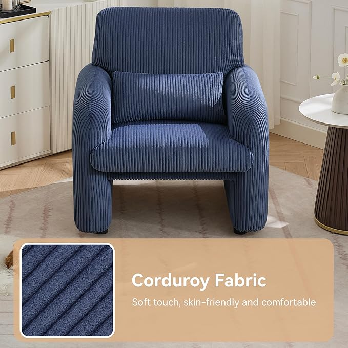 Corduroy Fabric Accent Chairs Set of 2, Modern Upholstered Living Room Chairs with Lumbar Pillow, Wide Comfy Leisure Armchair for Bedroom, Office, Reading, Blue