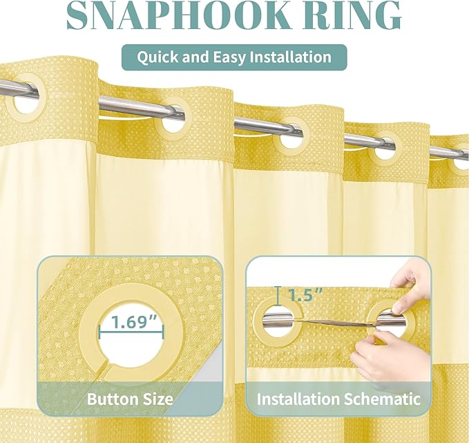 Yellow No Hook Waffle Weave Shower Curtain with snap-in Liner Replacement, 230GSM Waterproof Fabric Hotel Shower Curtain Set for Bathroom, Through Mesh Top Window,71Wx77H