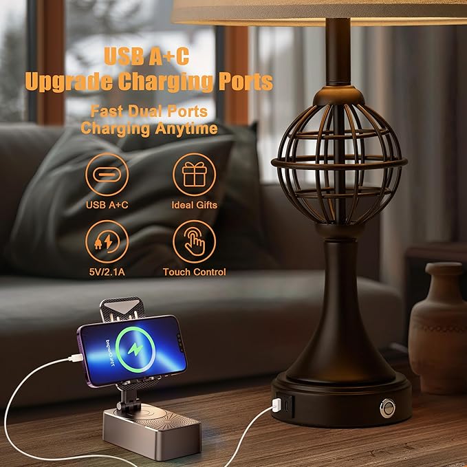 Table Lamps for Living Room Set of 2, Farmhouse Touch Lamps for Nightstand with USB A+C, 26.5" Rustic Bedside Lamp for Bedroom End Tables