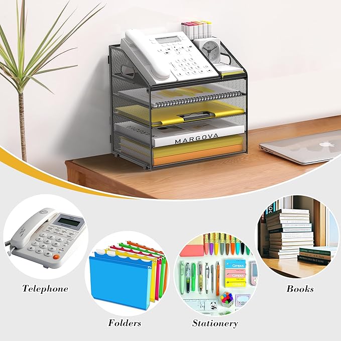 Letter Tray Paper, 5 Tier Desk Organizer with Pen Holder and Handle, Mesh File Organizer Paper Sorter Metal Desktop Document Shelf for Office Home Classroom - Black