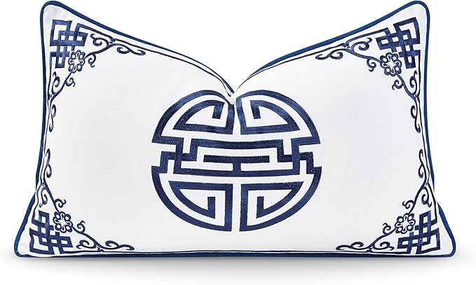 Hofdeco Premium Coastal Hampton Style Patio Indoor Outdoor Lumbar Pillow Cover Only, 12"x20" Water Resistant for Backyard, Couch, Navy Blue Embroidered Longevity Symbol