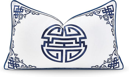 Hofdeco Premium Coastal Hampton Style Patio Indoor Outdoor Lumbar Pillow Cover Only, 12"x20" Water Resistant for Backyard, Couch, Navy Blue Embroidered Longevity Symbol
