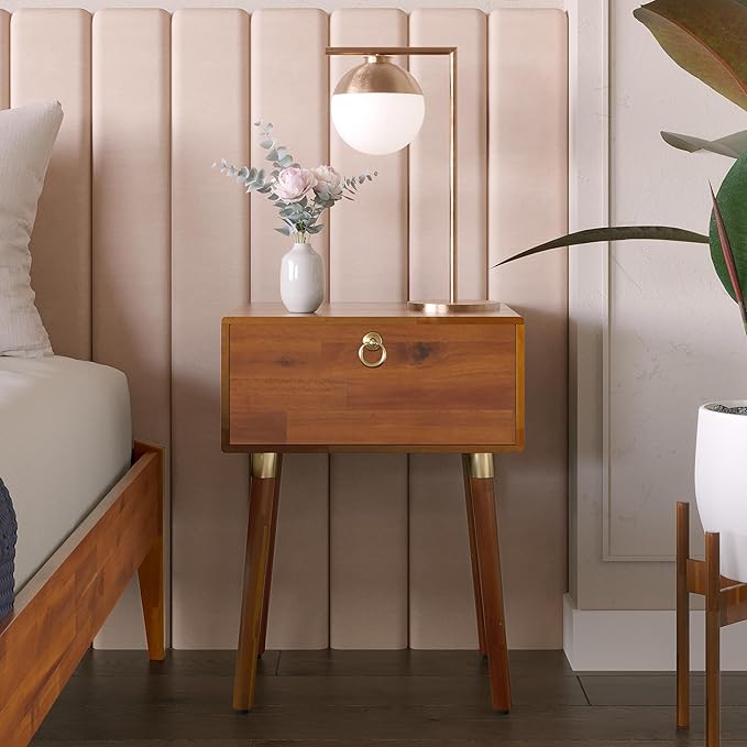 Bme Alden Solid Wood Nightstand/Side Table/End Table, Fully Assembled, with 1-Drawer for Mid Century Bedroom and Living Room, (12mm), Dark Chocolate